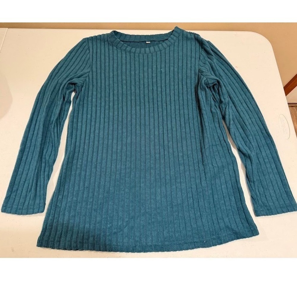 Unbranded Teal Blue Ribbed Knit Long Sleeve Top Crew Neck Size Medium